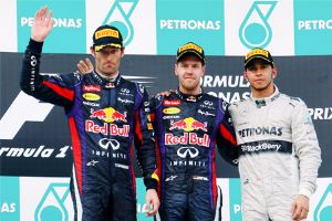 from left to right: Mark Webber, Sebastian Vettel and Lewis Hamilton